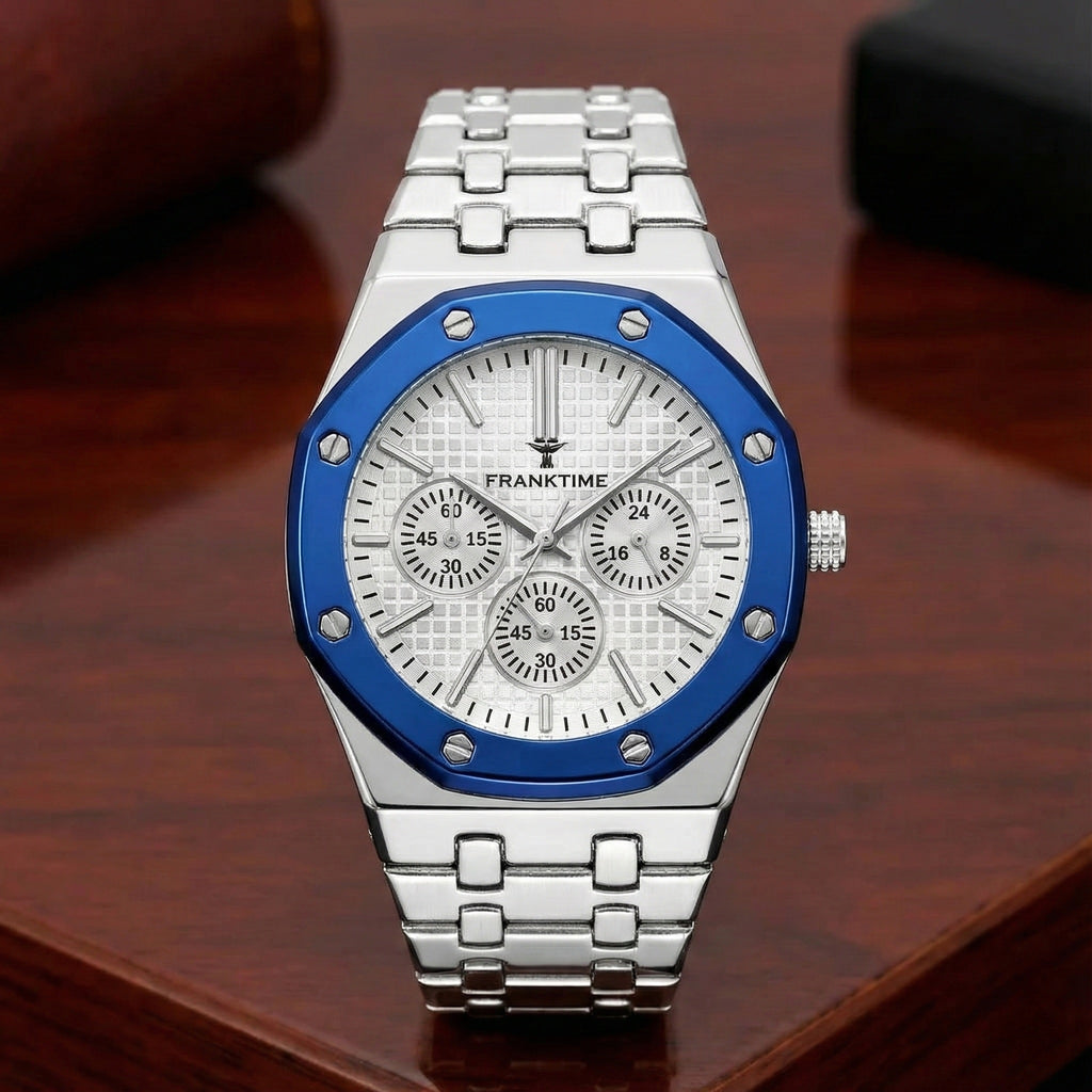Premium Silver And Black Stainless-Steel Wristwatch with Blue Bezel, White Textured Dial, Multi-Function Sub-Dials, Elegant Design, Luxury Men’s Analog Watch for Everyday Style & Formal Wear