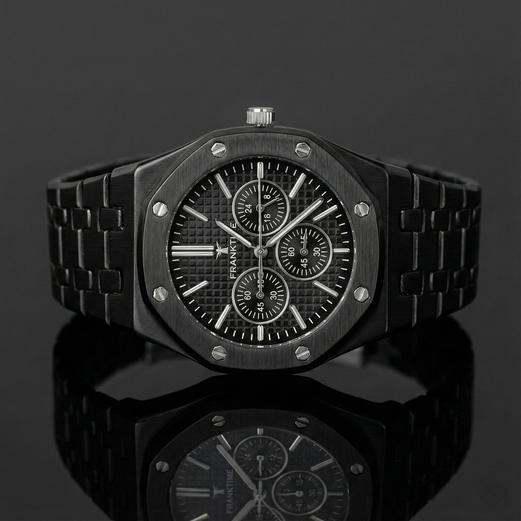 Premium Silver And Black Stainless-Steel Wristwatch with Blue Bezel, White Textured Dial, Multi-Function Sub-Dials, Elegant Design, Luxury Men’s Analog Watch for Everyday Style & Formal Wear