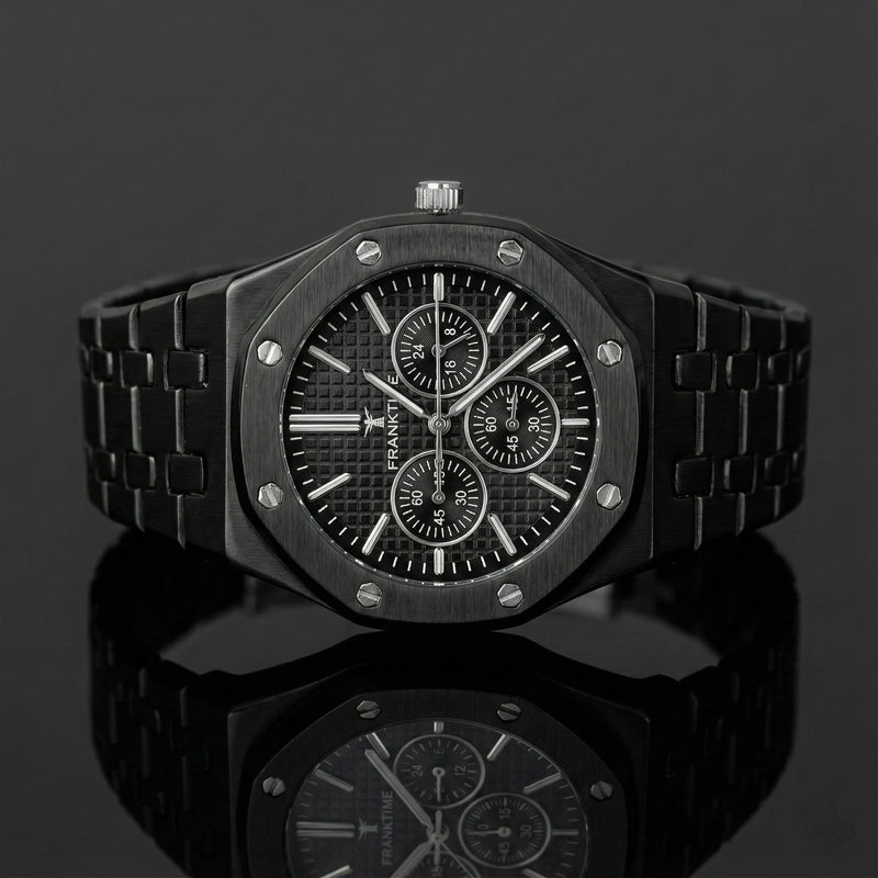 Premium Silver And Black Stainless-Steel Wristwatch with Blue Bezel, White Textured Dial, Multi-Function Sub-Dials, Elegant Design, Luxury Men’s Analog Watch for Everyday Style & Formal Wear