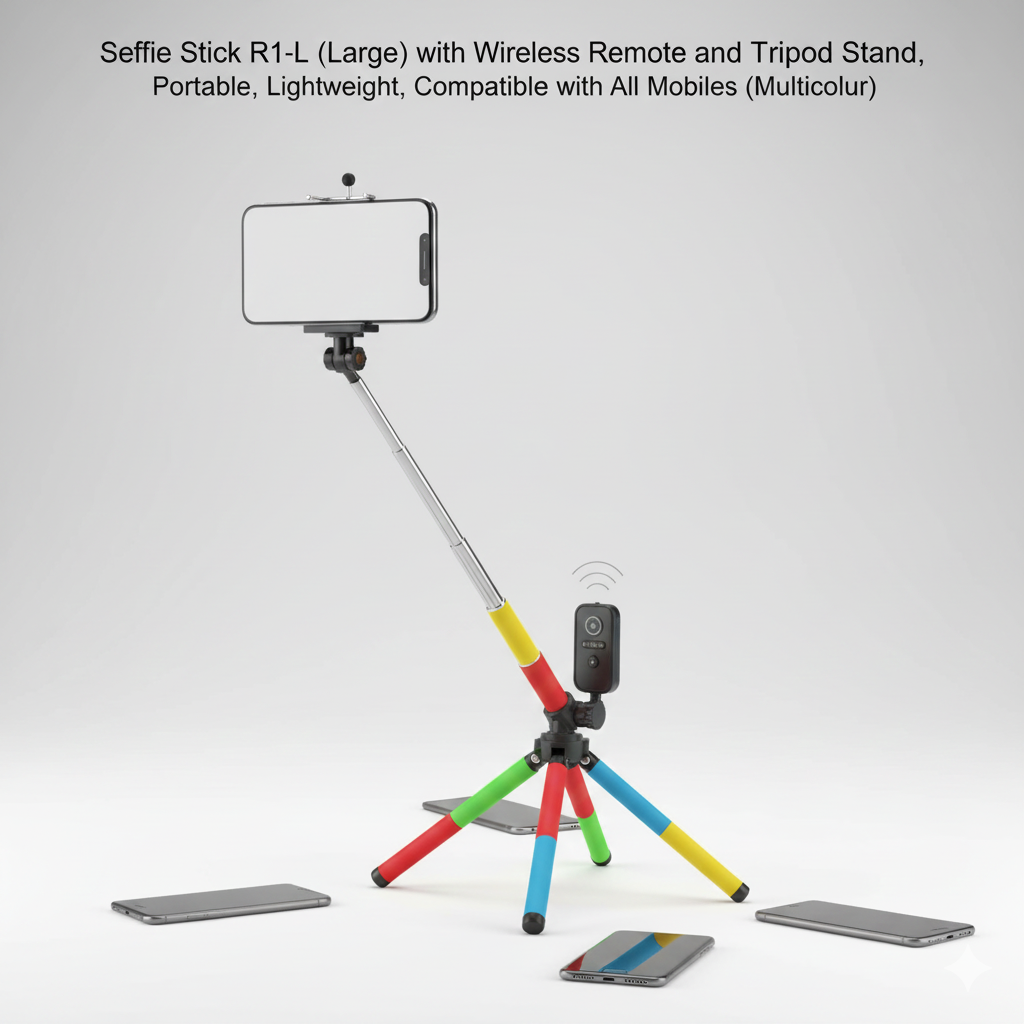 Selfie Stick R1-L (Large) with Wireless Remote and Tripod Stand, Portable, Lightweight, Compatible with All Mobiles (Multicolor)