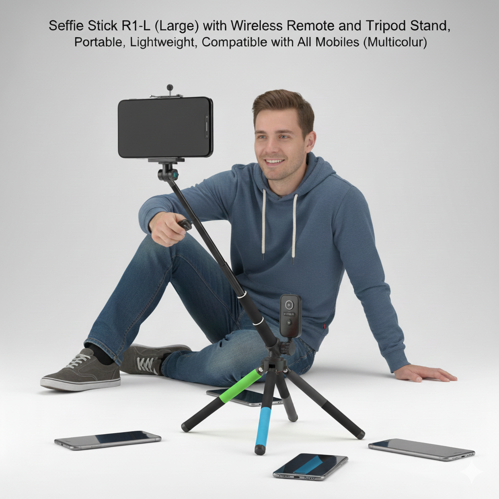 Selfie Stick R1-L (Large) with Wireless Remote and Tripod Stand, Portable, Lightweight, Compatible with All Mobiles (Multicolor)