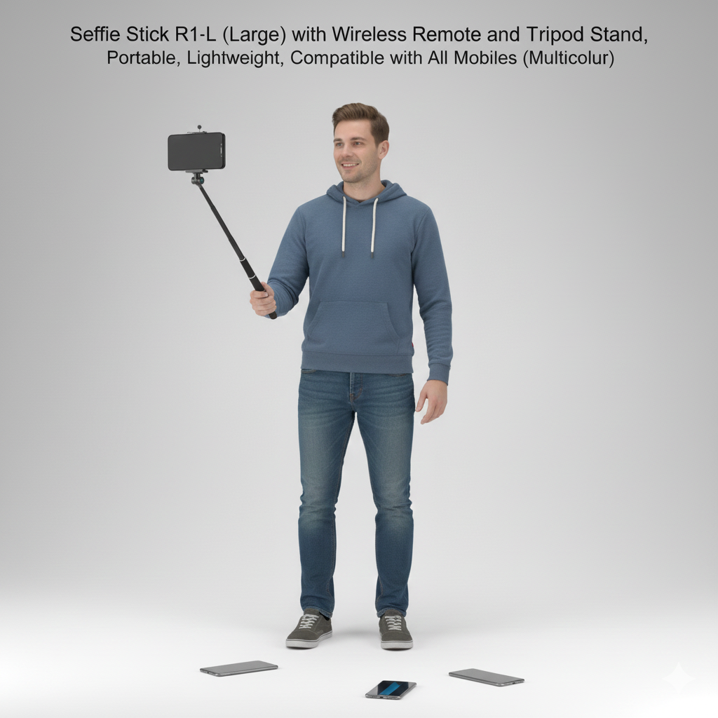 Selfie Stick R1-L (Large) with Wireless Remote and Tripod Stand, Portable, Lightweight, Compatible with All Mobiles (Multicolor)