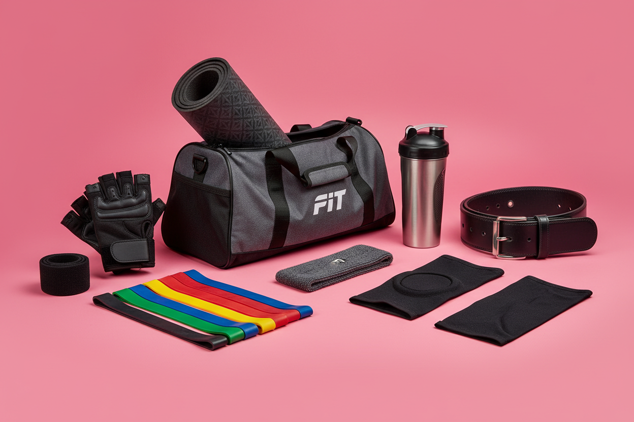 gym products:
Gym Gloves
Gym Bag
Wrist Support Strap
Knee Support
Resistance Bands
Shaker Bottle
Weightlifting Belt
Yoga Mat
Sweat Headband
Arm Sleeves with Background color #F83F8D