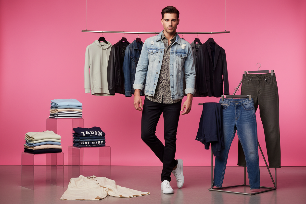 men’s fashion products:
T-Shirts
Shirts
Jeans
Hoodies
Jackets
Kurta Pajama
Track Pants
Shorts with background color #F83F8D and men model