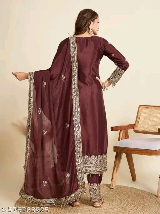 Embroidered Heavy Chinon Silk kurti with embroidered Palazzo and dupatta Set &amp; Materials new designer havy embroidery work Name: Embroidered Heavy Chinon Silk kurti with embroidered Palazzo and dupatta Set &amp; Materials new designer havy embroidery