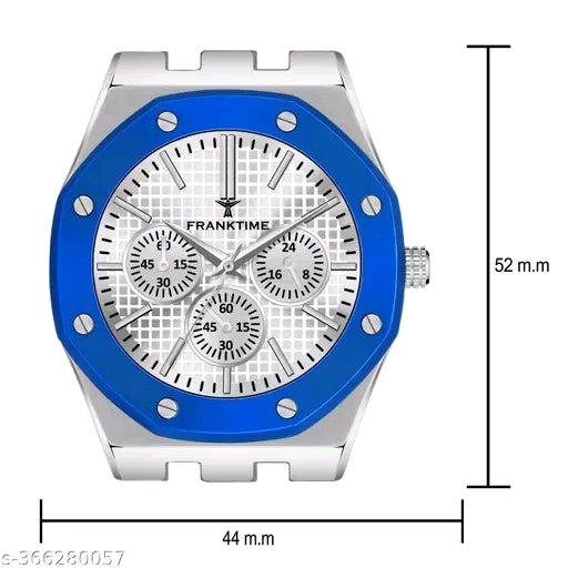 Premium Silver And Black Stainless-Steel Wristwatch with Blue Bezel, White Textured Dial, Multi-Function Sub-Dials, Elegant Design, Luxury Men’s Analog Watch for Everyday Style & Formal Wear