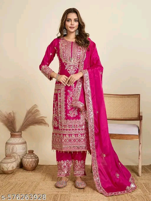Embroidered Heavy Chinon Silk kurti with embroidered Palazzo and dupatta Set &amp; Materials new designer havy embroidery work Name: Embroidered Heavy Chinon Silk kurti with embroidered Palazzo and dupatta Set &amp; Materials new designer havy embroidery