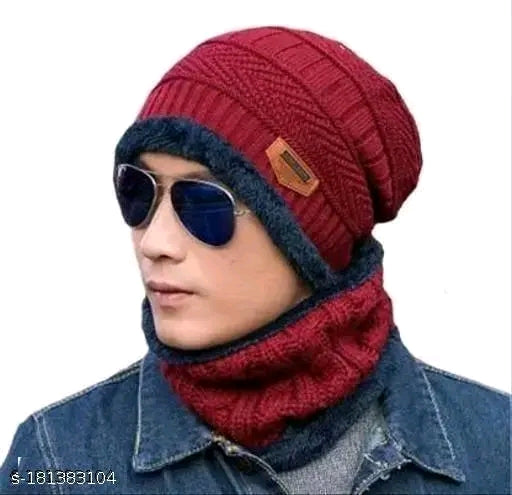 HRIDAY Unisex Winter Knit Beanie Cap Hat Neck Warmer Scarf(Pack of 1)