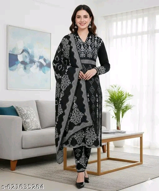 Premium Ladies Wool Straight-Fit Suit with Woven Shawl | Designer Patterned Woolen Kurta Set with Shawl&nbsp;