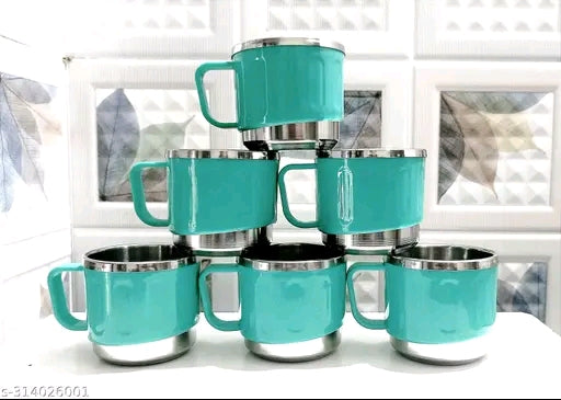 Pack of 6 Classic Stainless Steel Tea Cup Set | Steel Cups | Coffee Cups | Payali Set, Mini Cups Set of 6 | Chai ka Cup -Inner Steel Outer Plastic (Aqua Green)