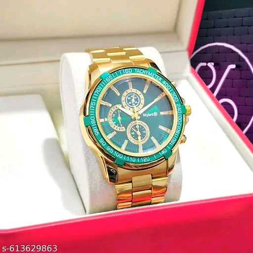 New Stylish men watches chronograph Green Dial with Golden Steel chain wedding watch for men &amp; Boys