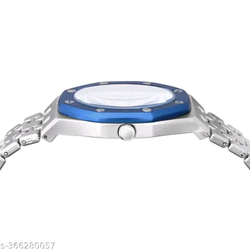 Premium Silver And Black Stainless-Steel Wristwatch with Blue Bezel, White Textured Dial, Multi-Function Sub-Dials, Elegant Design, Luxury Men’s Analog Watch for Everyday Style & Formal Wear