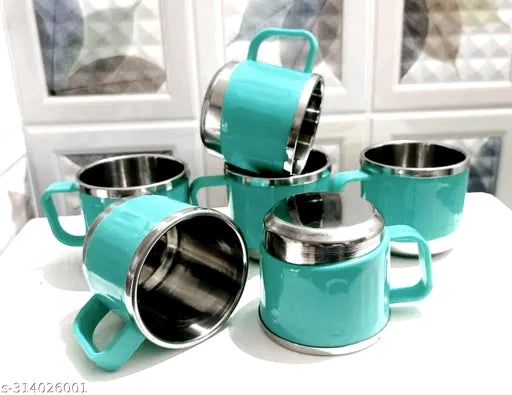 Pack of 6 Classic Stainless Steel Tea Cup Set | Steel Cups | Coffee Cups | Payali Set, Mini Cups Set of 6 | Chai ka Cup -Inner Steel Outer Plastic (Aqua Green)