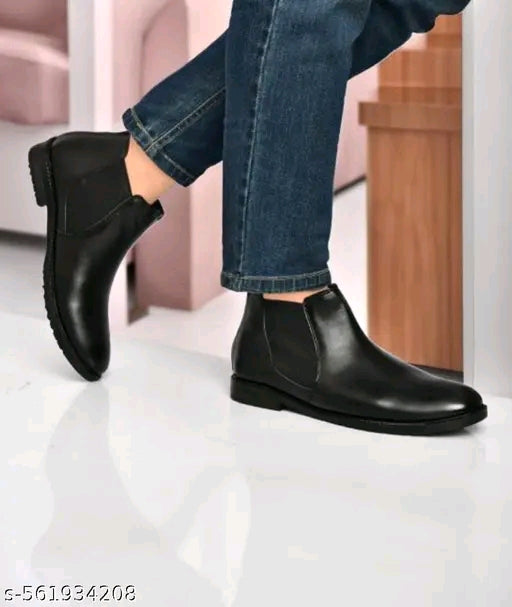 Black Chelsea Boots for Men | Waterproof PVC Sole, Round Toe | Synthetic Leather | Sizes 6-9 | Easy to Maintain, Matches Every Outfit