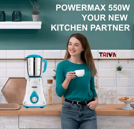 TRIVA POWERMAX750 MIXER GRINDER-500W, 3 JARS (LIQUIDIZING, GRINDING, 400ML BIG CHUTNEYJAR), STAINLESS STEEL BLADES, BLUEBERRY COLOUR, COPPER ARMATURE MOTOR, 1 YEAR WARRANTY