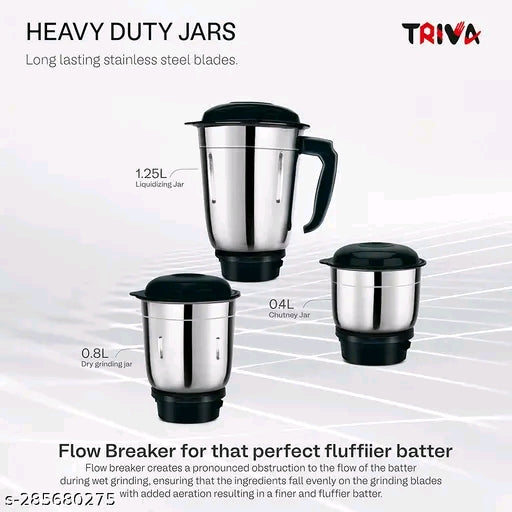 Triva Kitchen G-Max 550Watt Mixer Grinder With 3 Stainless Jars ( Liquidizing, Grinder, Chutney Jar), Shock Proof ABS Body &amp; Razor Sharp Stainless Steel Blades, Copper Armature Motor &amp; 24 Months Warranty ( Black Colour )