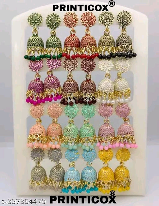 Earrings Jhumkhi New Fancy Oxidize Small Jhumkhi Earrings For Women&amp; Girls (Combo Of 12 Color) In Color Green, Red, Black, Pink, Maroon, White, Peach, Pista, Baby Pink, Grey, Aqua, Yellow