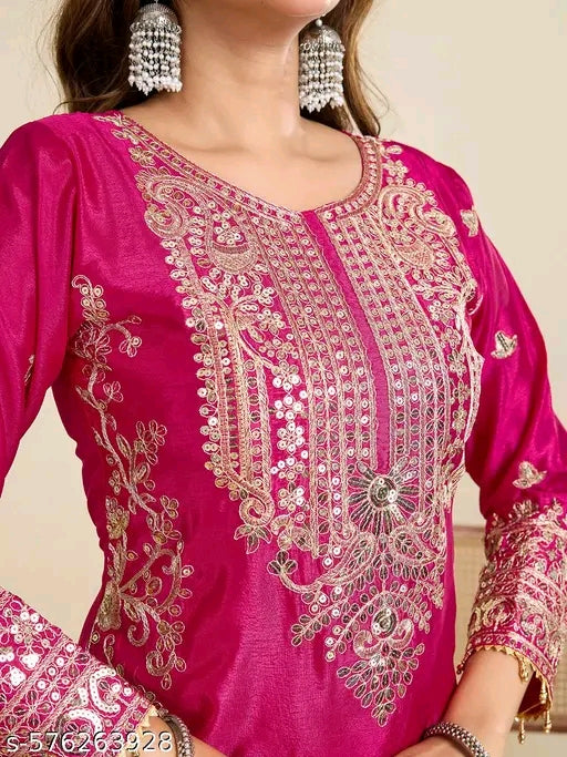 Embroidered Heavy Chinon Silk kurti with embroidered Palazzo and dupatta Set &amp; Materials new designer havy embroidery work Name: Embroidered Heavy Chinon Silk kurti with embroidered Palazzo and dupatta Set &amp; Materials new designer havy embroidery