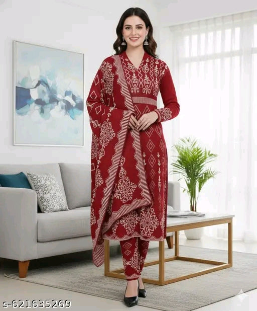 Premium Ladies Wool Straight-Fit Suit with Woven Shawl | Designer Patterned Woolen Kurta Set with Shawl&nbsp;