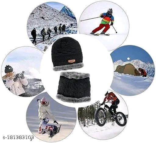HRIDAY Unisex Winter Knit Beanie Cap Hat Neck Warmer Scarf(Pack of 1)