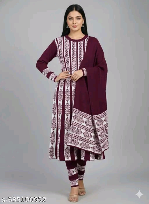 Winter Woolen Anarkali Kurta Palazzo and Stole Set for Women