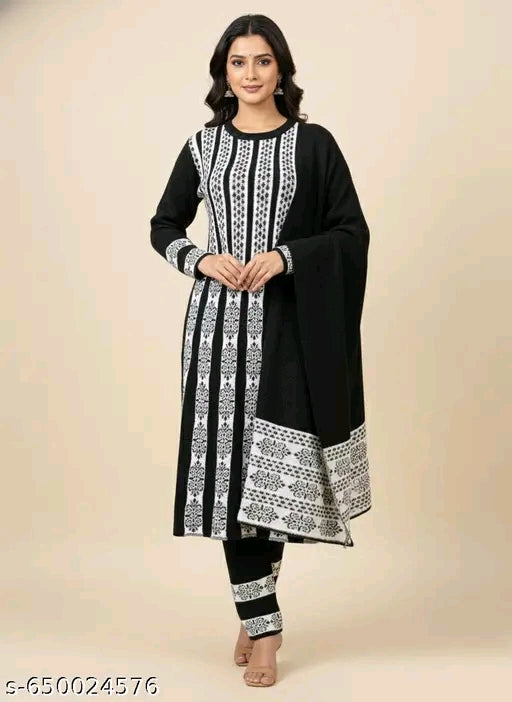Winter Woolen Anarkali Kurti Pajami Dupatta Set for Women