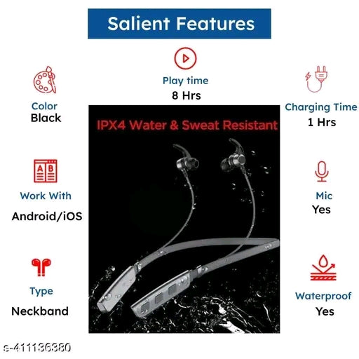 Neckband True Wireless Bluetooth Earphones with 8 Hours Playtime &amp; Compatible for all Smartphones (Black)