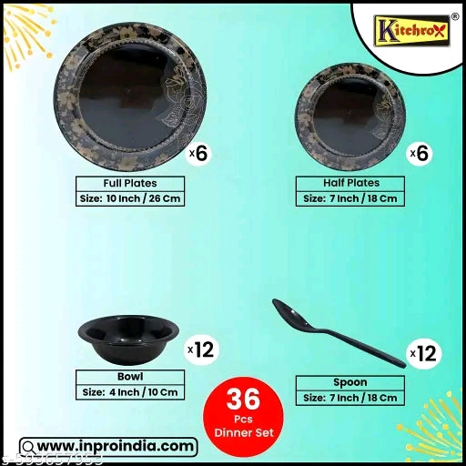 Every Occasion Covered:- 36-Piece Melamine Dinner Set Contains 6 Full Plates, 6 Half Plates, 12 Bowls and 12 Spoons Perfect for Dinning.