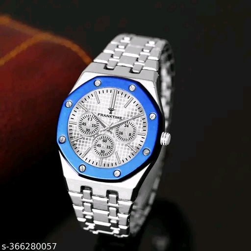 Premium Silver And Black Stainless-Steel Wristwatch with Blue Bezel, White Textured Dial, Multi-Function Sub-Dials, Elegant Design, Luxury Men’s Analog Watch for Everyday Style & Formal Wear