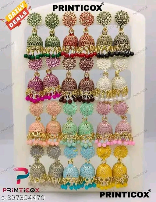 Earrings Jhumkhi New Fancy Oxidize Small Jhumkhi Earrings For Women&amp; Girls (Combo Of 12 Color) In Color Green, Red, Black, Pink, Maroon, White, Peach, Pista, Baby Pink, Grey, Aqua, Yellow
