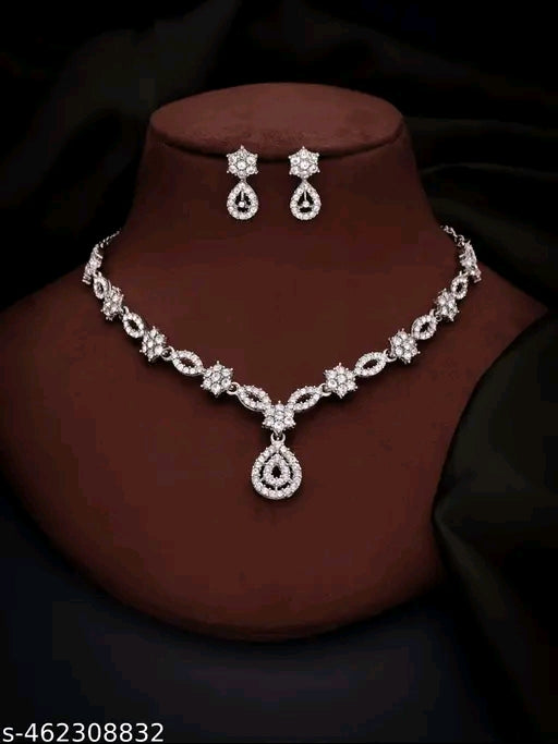 silver Plated Necklace Set With American Diamond