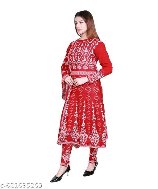 Premium Ladies Wool Straight-Fit Suit with Woven Shawl | Designer Patterned Woolen Kurta Set with Shawl&nbsp;