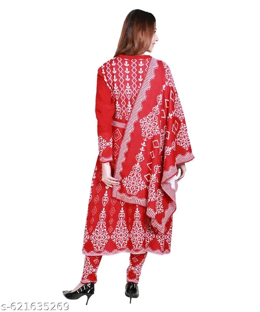 Premium Ladies Wool Straight-Fit Suit with Woven Shawl | Designer Patterned Woolen Kurta Set with Shawl&nbsp;