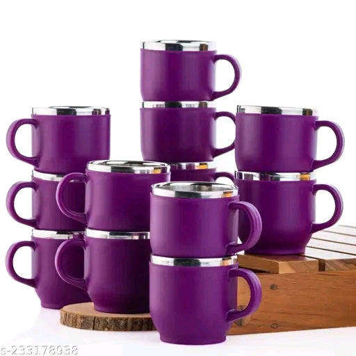 FOKAL Steel Plastic Tea Coffee Premium Quality Stainless Steel Insulated Tharmoware Tea Coffee cup Mug Coffee Cup Mugs Cups Set (Pack of 12, Purple)