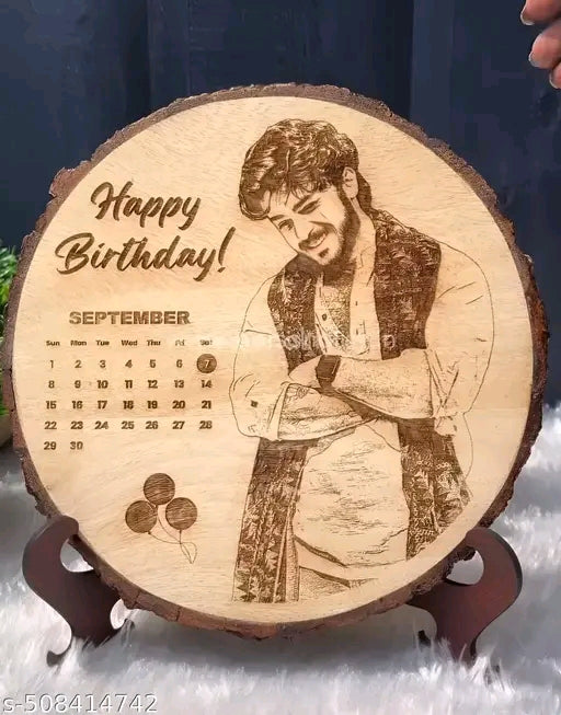 Customize Engraved Natural Slice Wooden Round Photo Frame, Personalized Picture Gift For Birthday, Wedding, Real Wood Plaque With Wood Stand, Tabletop, 6 inch