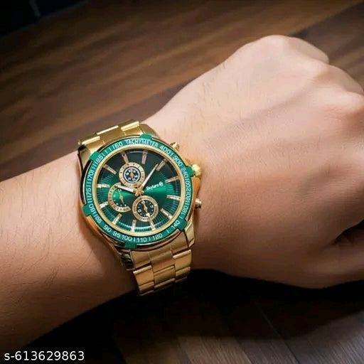 New Stylish men watches chronograph Green Dial with Golden Steel chain wedding watch for men &amp; Boys
