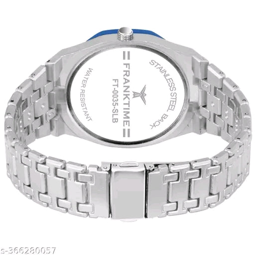 Premium Silver And Black Stainless-Steel Wristwatch with Blue Bezel, White Textured Dial, Multi-Function Sub-Dials, Elegant Design, Luxury Men’s Analog Watch for Everyday Style & Formal Wear