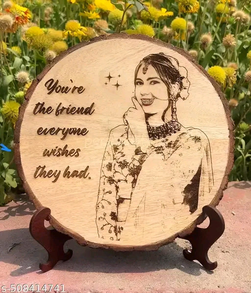 Customize Engraved Natural Slice Wooden Round Photo Frame, Personalized Picture Gift For Birthday, Wedding, Real Wood Plaque With Wood Stand, Tabletop, 6 inch