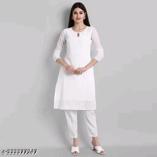 Apaari Fab Women's Embroidered Georgette Straight Kurti