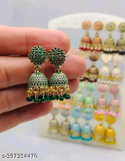 Earrings Jhumkhi New Fancy Oxidize Small Jhumkhi Earrings For Women&amp; Girls (Combo Of 12 Color) In Color Green, Red, Black, Pink, Maroon, White, Peach, Pista, Baby Pink, Grey, Aqua, Yellow