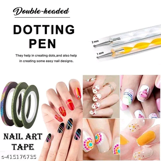 NAIL ART KIT WITH 12 PCS GLASS BOTTLES GLITTER STONES + Nail Art Dust 2 Pcs + 2 NAIL TAPES + 05 NAIL ART BRUSH + 02 NAIL DOTTING PEN + 2 NAIL GLUE + 100 NAILS + 01 PCS NAIL SHINER TOP COAT+ Sticker&nbsp;
