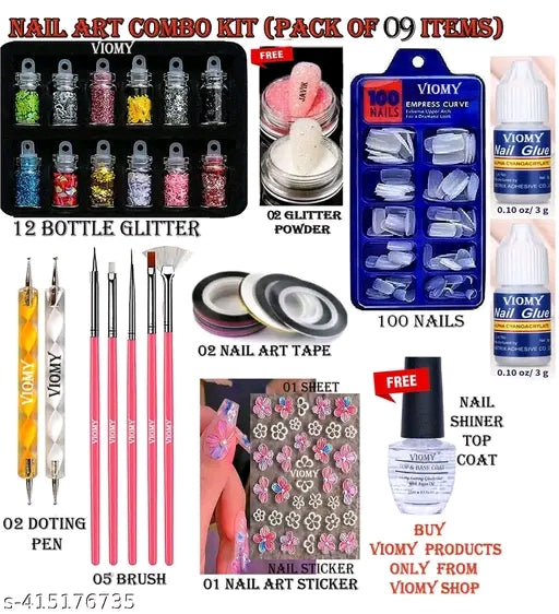NAIL ART KIT WITH 12 PCS GLASS BOTTLES GLITTER STONES + Nail Art Dust 2 Pcs + 2 NAIL TAPES + 05 NAIL ART BRUSH + 02 NAIL DOTTING PEN + 2 NAIL GLUE + 100 NAILS + 01 PCS NAIL SHINER TOP COAT+ Sticker&nbsp;