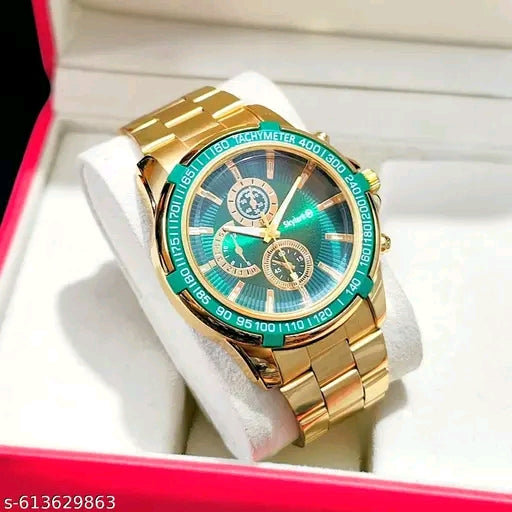 New Stylish men watches chronograph Green Dial with Golden Steel chain wedding watch for men &amp; Boys