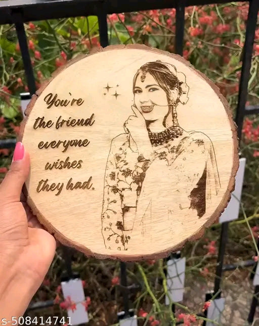 Customize Engraved Natural Slice Wooden Round Photo Frame, Personalized Picture Gift For Birthday, Wedding, Real Wood Plaque With Wood Stand, Tabletop, 6 inch