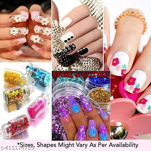 NAIL ART KIT WITH 12 PCS GLASS BOTTLES GLITTER STONES + Nail Art Dust 2 Pcs + 2 NAIL TAPES + 05 NAIL ART BRUSH + 02 NAIL DOTTING PEN + 2 NAIL GLUE + 100 NAILS + 01 PCS NAIL SHINER TOP COAT+ Sticker&nbsp;