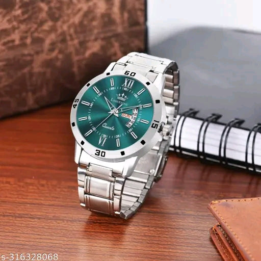 Day and Date Functioning Olive Green Dial Metal Strap Quartz Water Resistant Analog Watch - For Men LS3225