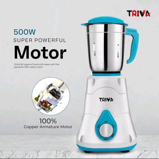 TRIVA POWERMAX750 MIXER GRINDER-500W, 3 JARS (LIQUIDIZING, GRINDING, 400ML BIG CHUTNEYJAR), STAINLESS STEEL BLADES, BLUEBERRY COLOUR, COPPER ARMATURE MOTOR, 1 YEAR WARRANTY