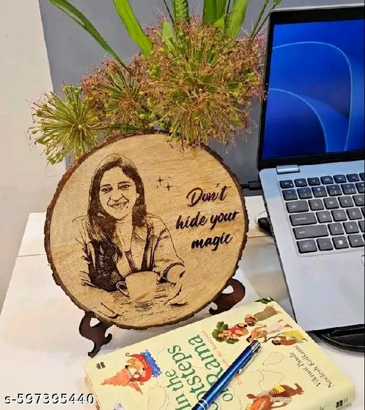 Customize Engraved Natural Slice Wooden Round Photo Frame, Personalized Picture Gift For Birthday, Wedding, Real Wood Plaque With Wood Stand, Tabletop, 6 inch