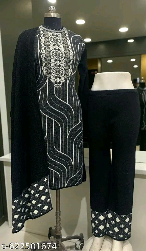 Women’s Woolen Kurta Pant Dupatta Set | Premium Winter Wear 3 Piece Suit | Wool A-line Embroidered Kurtis with Pants - Woolen A-Line Embroidered Kurti Sets| Stylish Warm Ethnic Wear for Women