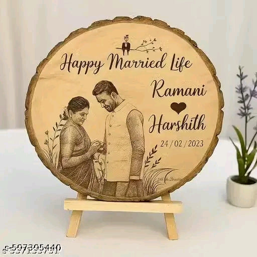 Customize Engraved Natural Slice Wooden Round Photo Frame, Personalized Picture Gift For Birthday, Wedding, Real Wood Plaque With Wood Stand, Tabletop, 6 inch